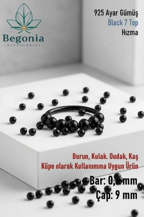 925 Ayar Gümüş 7 Top Siyah Halka Küpe Olarak Kullanıma Uygun Hızma