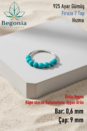 925 Ayar Gümüş Piercing 7 Top Firuze Boncuklu Halka Hızma & Kıkırdak Küpe