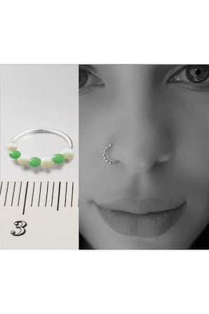 925 Ayar Gümüş Piercing 7 Top Yeşil Beyaz Boncuklu Halka Hızma & Kıkırdak Küpe