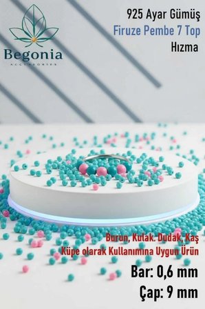 925 Ayar Gümüş Piercing 7 Top Firuze Pembe Boncuklu Halka Hızma & Kıkırdak Küpe