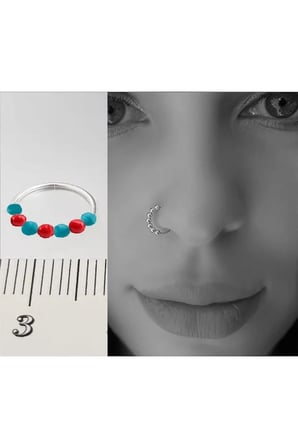 925 Ayar Gümüş Piercing 7 Top Bordo Mavi Boncuklu Halka Hızma & Kıkırdak Küpe