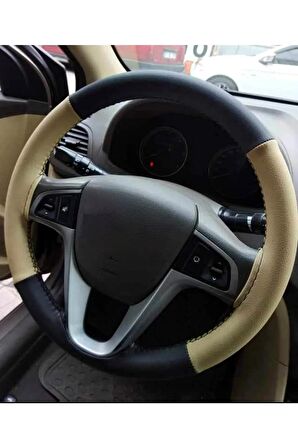 Hyundai I30 Uyumlu Deri Dikmeli Direksiyon Kılıfı Bej Siyah 4parçalı