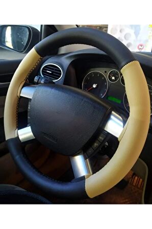 Hyundai I30 Uyumlu Deri Dikmeli Direksiyon Kılıfı Bej Siyah 4parçalı