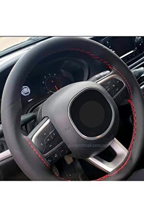 Hyundai I30 Uyumlu Deri Dikmeli Direksiyon Kılıfı Noktalı Kırmızı Ipli 10.5cm