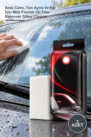 3 Adet Magic Eraser Cam Yağ Filmi Temizleme Süngeri – Araç Camı, Yan Ayna Ve Far İçin Mild Formül Oil Film Remover Glass Cleaner