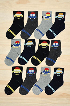 12 Çift Burun Dikişsiz Araba Desenli Kışlık Kalın Havlu Erkek Çocuk Soket Çorap