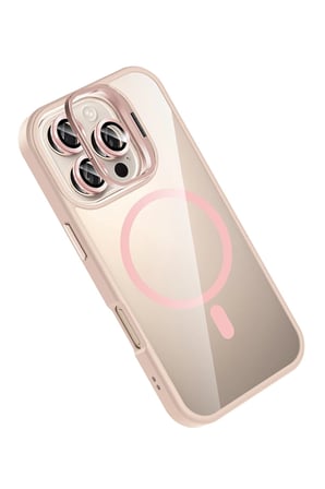 Apple iPhone 16 Pro Max Remim Lensli Magsafe Standlı Kapak - Pembe-(5796)