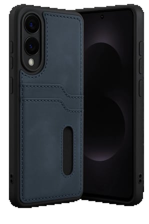 Samsung Uyumlu Galaxy S25 Edge Sara Kartvizitli Deri Kılıf - Lacivert-(5796)