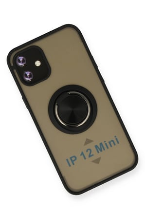 iPhone 12 Kılıf Montreal Yüzüklü Silikon Kapak - Siyah-(5796)
