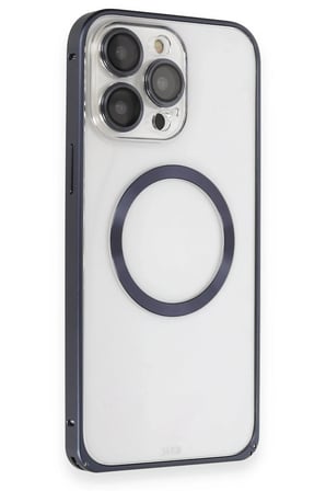 iPhone 15 Pro Max Kılıf Metal Bumper Magneticsafe Kapak - Lacivert-(5796)