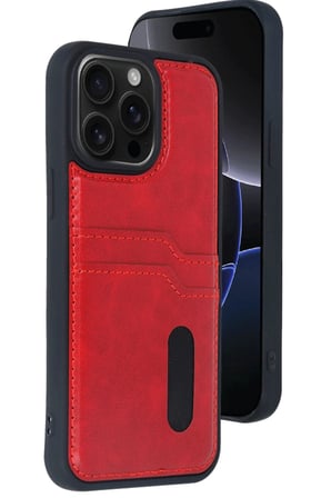 iPhone 14 Pro Max Kılıf Sara Kartvizitli Deri Kılıf - Kırmızı-(5796)