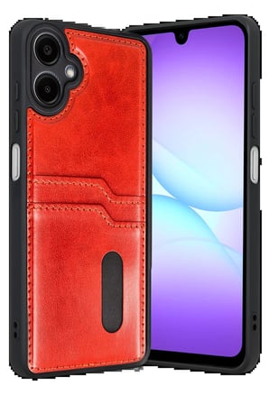 Samsung Galaxy A07 4G Sara Kartvizitli Deri Kılıf - Kırmızı-(5796)