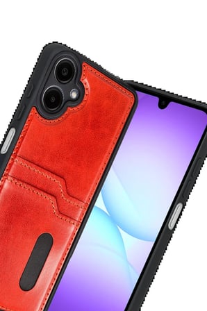 Samsung Galaxy A07 4G Sara Kartvizitli Deri Kılıf - Kırmızı-(5796)