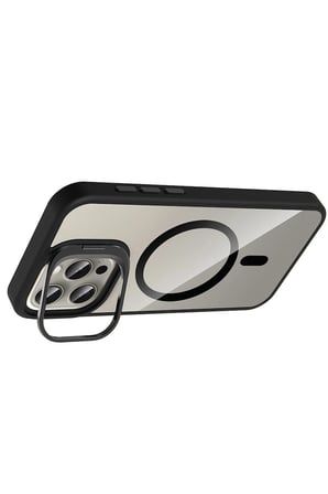 Apple iPhone 15 Pro Max Remim Lensli Magsafe Standlı Kapak - Siyah-(5796)