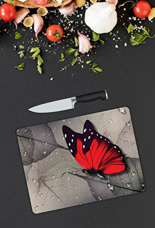 Kelebek Desen Cam Kesme Tablası | Hediyelik, Dekoratif, Ofis, Mutfak 