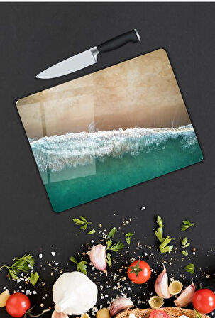 Deniz Desen Cam Kesme Tablası | Hediyelik, Dekoratif, Ofis, Mutfak 