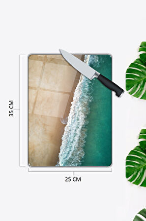 Deniz Desen Cam Kesme Tablası | Hediyelik, Dekoratif, Ofis, Mutfak 