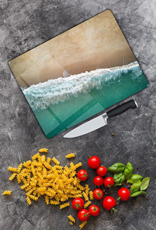 Deniz Desen Cam Kesme Tablası | Hediyelik, Dekoratif, Ofis, Mutfak 