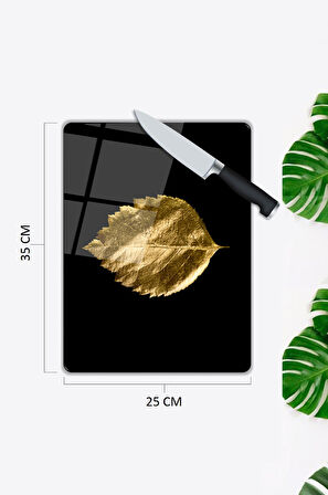 Gold Yaprak Desen Cam Kesme Tablası | Hediyelik, Dekoratif, Ofis, Mutfak 