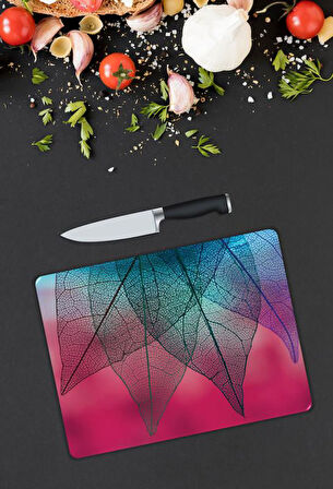 Minimal Yaprak Desen Cam Kesme Tablası | Hediyelik, Dekoratif, Ofis, Mutfak 