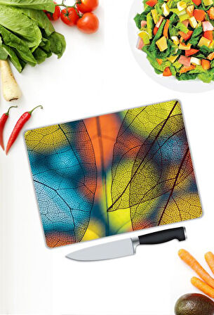 Minimal Yaprak Desen Cam Kesme Tablası | Hediyelik, Dekoratif, Ofis, Mutfak 