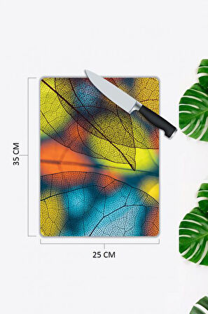 Minimal Yaprak Desen Cam Kesme Tablası | Hediyelik, Dekoratif, Ofis, Mutfak 