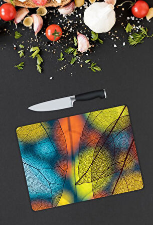 Minimal Yaprak Desen Cam Kesme Tablası | Hediyelik, Dekoratif, Ofis, Mutfak 