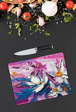 Çiçek Desen Cam Kesme Tablası | Hediyelik, Dekoratif, Ofis, Mutfak 