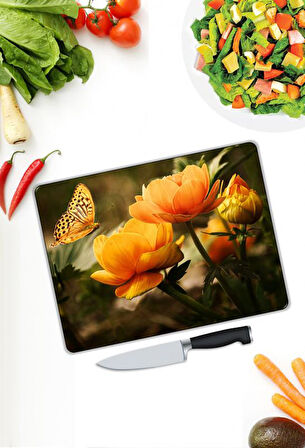 Çiçek Desen Cam Kesme Tablası | Hediyelik, Dekoratif, Ofis, Mutfak 