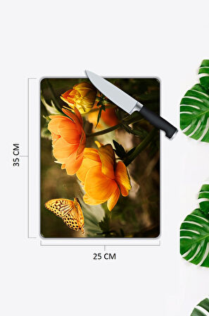 Çiçek Desen Cam Kesme Tablası | Hediyelik, Dekoratif, Ofis, Mutfak 