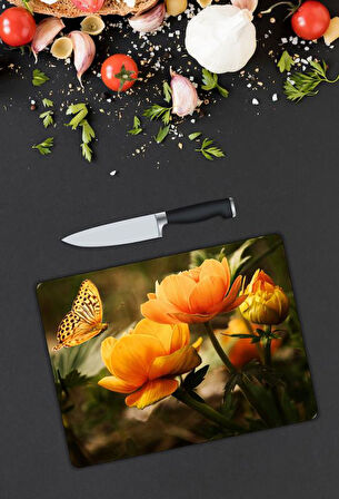 Çiçek Desen Cam Kesme Tablası | Hediyelik, Dekoratif, Ofis, Mutfak 