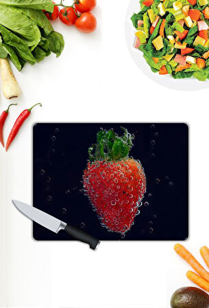 Çilek Desen Cam Kesme Tablası | Hediyelik, Dekoratif, Ofis, Mutfak 