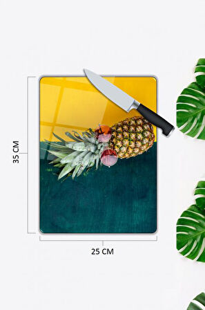 Ananas Desen Cam Kesme Tablası | Hediyelik, Dekoratif, Ofis, Mutfak 