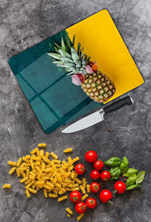 Ananas Desen Cam Kesme Tablası | Hediyelik, Dekoratif, Ofis, Mutfak 