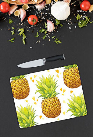 Ananas Desenli Cam Kesme Tablası | Hediyelik, Dekoratif, Ofis, Mutfak 