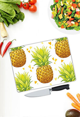 Ananas Desenli Cam Kesme Tablası | Hediyelik, Dekoratif, Ofis, Mutfak 