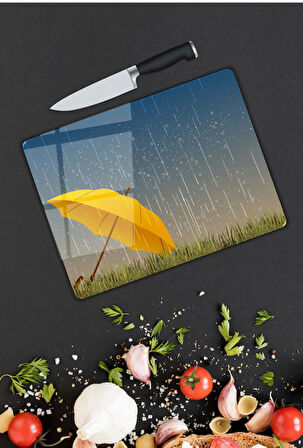 Şemsiye Yağmur Desen Cam Kesme Tablası | Hediyelik, Dekoratif, Ofis, Mutfak 