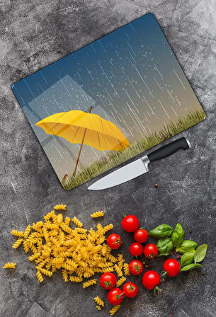 Şemsiye Yağmur Desen Cam Kesme Tablası | Hediyelik, Dekoratif, Ofis, Mutfak 