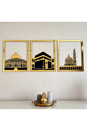 Mescid-i Aksa, Mescid-i Haram & Mescid-i Nebevi Kare 3'lü Ahşap Mescid Set Islami Dekor
