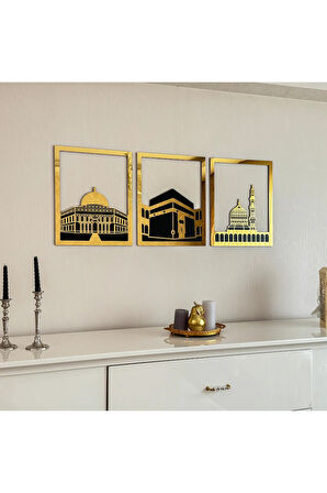 Mescid-i Aksa, Mescid-i Haram & Mescid-i Nebevi Kare 3'lü Ahşap Mescid Set Islami Dekor