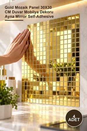 4 Adet Kendinden Yapışkanlı Aynalı Kare Sticker – Gold Mozaik Panel 30X30 CM Duvar Mobilya Dekoru Ayna Mirror Self-Adhesive