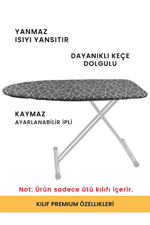 Beylini Ütü Masası Kılıfı Örtüsü Bezi Keçeli Süngerli Lastikli Yanmaz Ayarlanabilir Geometrik Gri 50X150 cm
