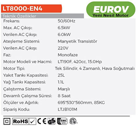 LUTİAN  6.5 kW EURO V Motor Monofoze Benzinli Marşlı Jeneratör (LT8000EN-4)