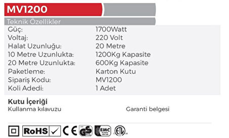 MyTOL MV1200 - Bakır Sargı Elektrikli Yük Kaldırma Vinçi 600-1200 KG