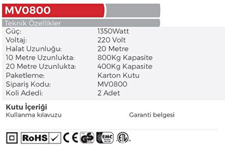 MyTOL MV0800 - Bakır Sargı Elektrikli Yük Kaldırma Vinçi 400-800 KG