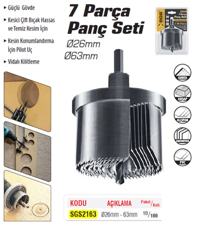SGS2163 - Ahşap MDF Delme Panç Seti 7 Parça - Ø26mm - Ø63mm
