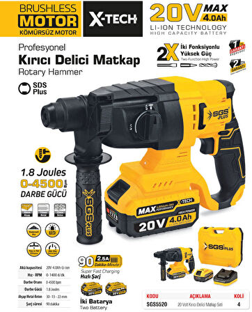 SGS5520 - 20 Volt 4 Amper SDS Plus Akülü Darbeli Kırıcı Delici Seti 1.8 Joules