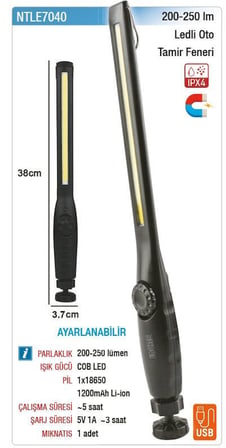 NT Lights NTLE7040 Ledli Oto Tamir Feneri Mıknatıslı 250 Lümen + IPX4