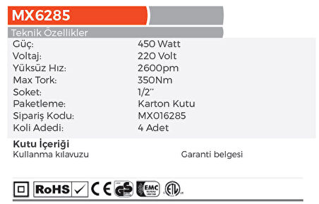 MAX EXTRA MX6285 - 1/2 Elektrikli Somun Sökme Makinası 450 Watt