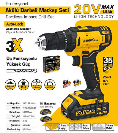 SGS5248 - 20 Volt 1.5 Amper Akülü Şarjlı Darbeli Matkap  Vidalama Seti Çift Akülü